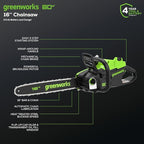 Greenworks 80V 16" Brushless Cordless Chainsaw (Great For Tree Felling, Limbing, Pruning, and Firewood), 75+ Compatible Tools, 2.5Ah Battery and Charger Included