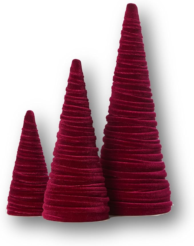 Your Heart's Content Set of 3 Burgundy Velvet Trees, Luxurious Handcrafted Home Decor, Valentine Tabletop Tree, Bookshelf Office, Winter Mantel Accents, Elegant Charm Gift for (Burgundy)