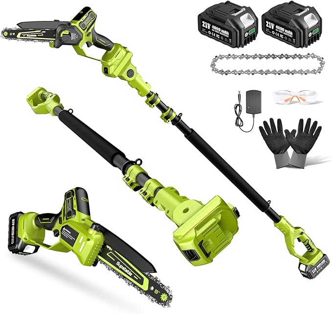 Electric Pole Saws for Tree Trimming, 6" & 8" Mini Chainsaw Cordless with Extension Pole & 2x4Ah Batteries, 20V Pole Chain Saw Battery Powered, Max Reach 16 Ft, Tree Trimmer Limb Branch Cutter Pruner