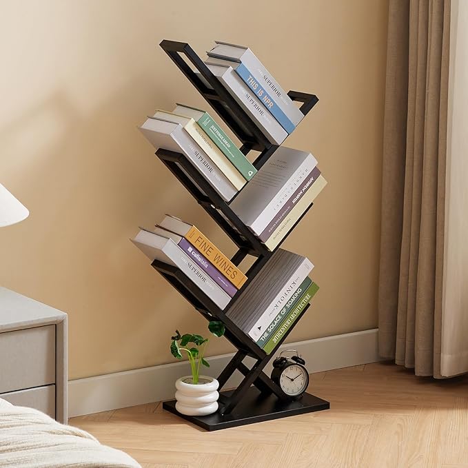 5 Tier Tree Bookshelf, Wisdom Tree Bookshelf, Modern Corner Book Shelfe, Small Bookshelf for Small Spaces, Utility Organizer for CDs/Books/Home Office/Living/Bedroom Room-Black