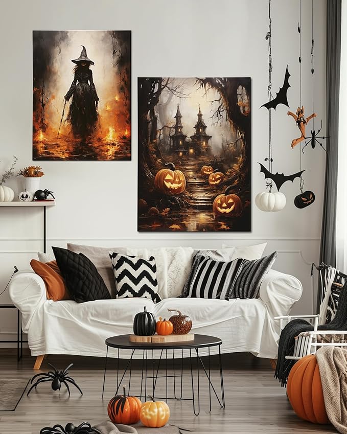AbcCustomize Halloween Canvas Wall Art - Spooky Haunted House & Eerie Pumpkins Poster, Gothic Fall Decorations for Home, Vintage Halloween Decor Indoor for Living Room, Bedroom & Party