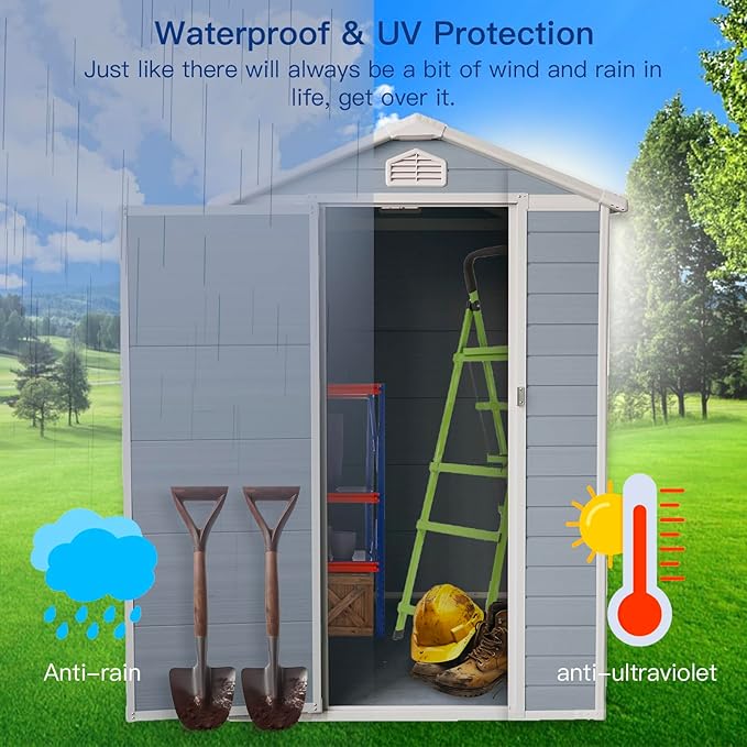 JT 4×6ft Resin Outdoor Storage Shed,Outdoor Storage Shed with Floor & Window to Store Patio Furniture, Garden Tools Bike Accessories, Beach Chairs and Lawn Mower. (4ft×6ft)