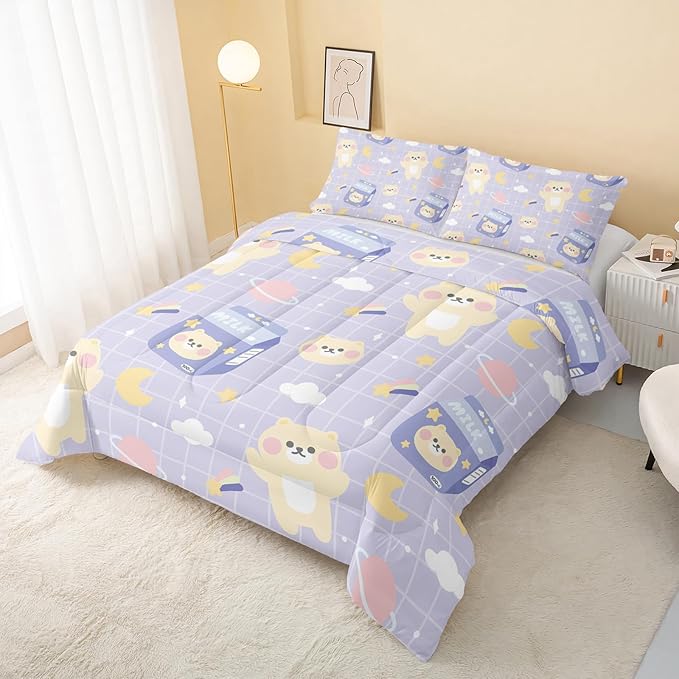 Bear Comforter Twin Size,Kawaii Comforter Set for Kids Teens Girls,3Pcs Bedding Set Printed Comforter with 2 Pillowcases,Down Alternative,Soft and Lightweight(Purple，Twin Size)