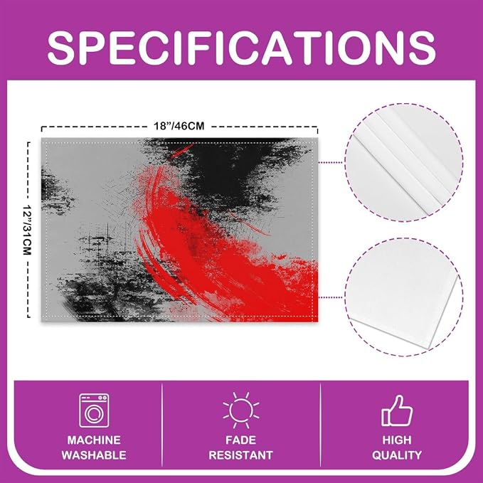 Feelyou Red Grey Black Placemats Set of 4 18"x12" Kids Abstract Placemat for Kitchen Dining Table Decor Indoor Outdoor for Boys Geometric Table Place Mats, Modern Art