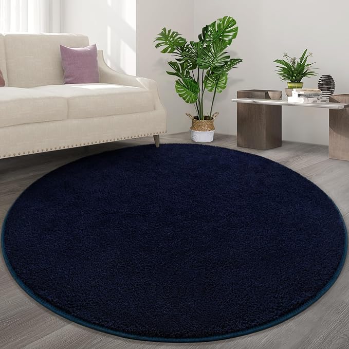 Round Area Rugs for Bedroom Living Room, 6x6 Navy Blue Super Soft Comfy Thickened Memory-Foam Indoor Circle Carpets, Modern Aesthetic Minimalist Carpet for Boys Girls Adults Nursery Home Décor