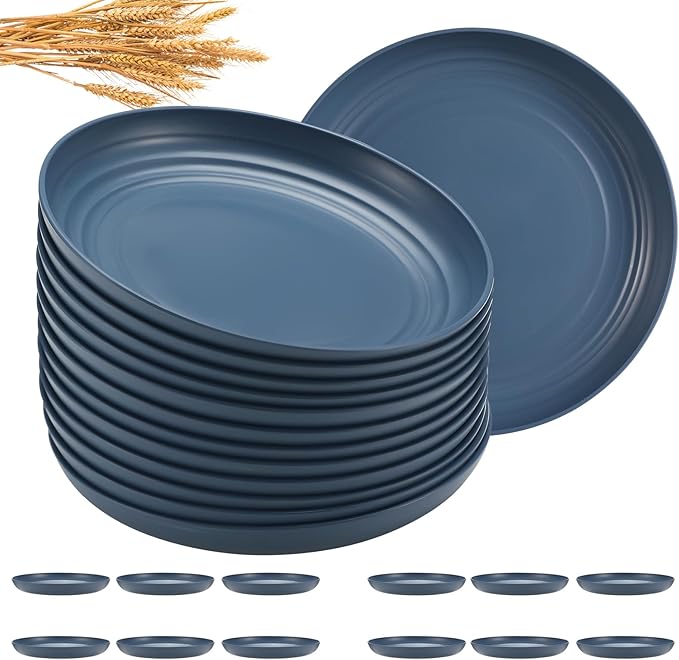 12 Pcs Unbreakable Deep Dessert Plates Set, 8 inch Reusable Plastic Wheat Straw Plates, Microwave and Dishwasher Safe Plate for Kitchen, Lightweight Plate for Dessert, BPA Free, Dark Blue