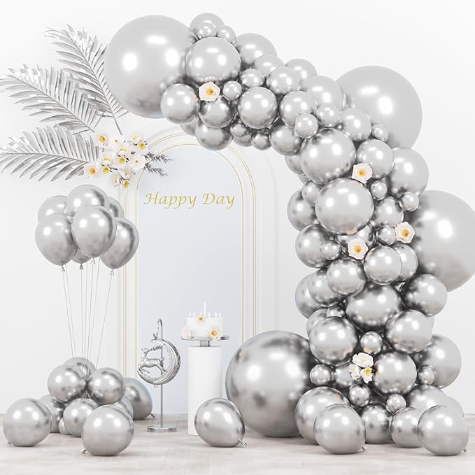 130pcs Metallic Silver Balloons Different Sizes 18" 12" 10" 5" Chrome Silver Balloon Garland Arch Kit for Graduation Birthday Baby Shower Wedding Anniversary New Year Party Decorations