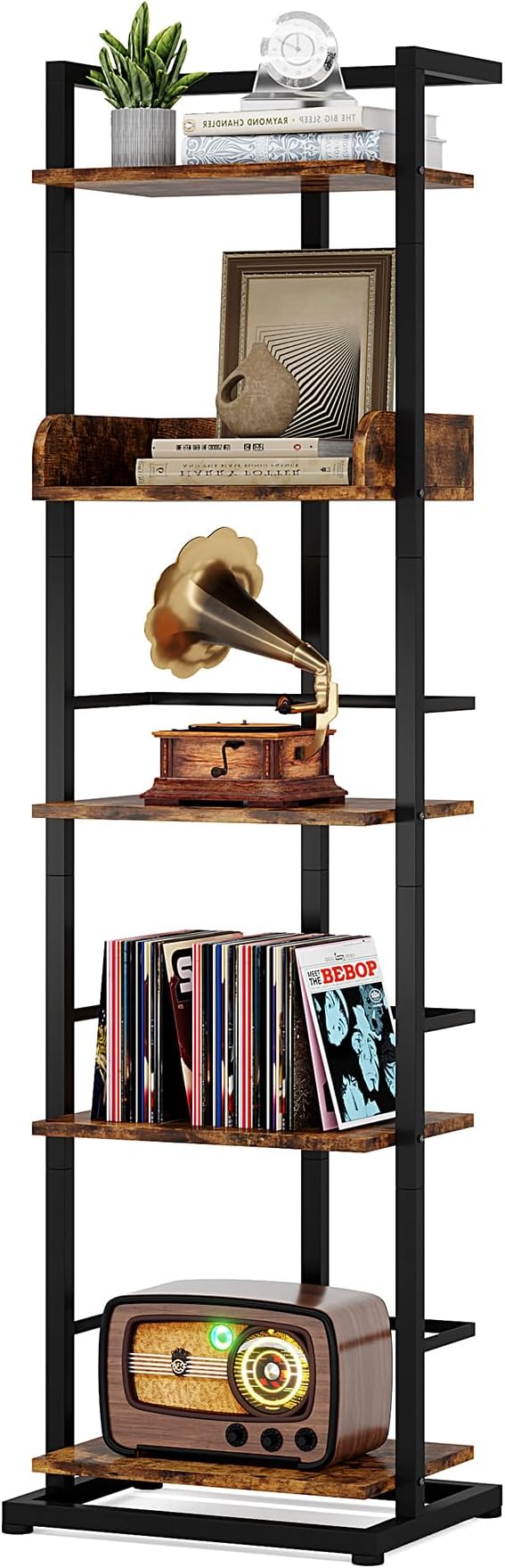 Bookshelf 5-Tier Book shelf - Narrow Wood Bookcase Tall Corner Book Shelves Storage Organizer Display Book Rack for Living Room Bedroom Office Home (Rustic Brown)