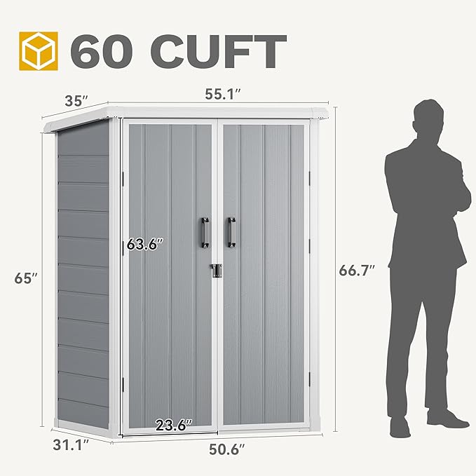 DWVO 60 Cuft Outdoor Tall Storage Shed with 2 Shelves, Weatherproof Vertical Tool Shed with Floor & Lockable Doors, Sturdy Double-Wall Plastic Cabinet for Garbage Cans and Garden Equipment (Gray)