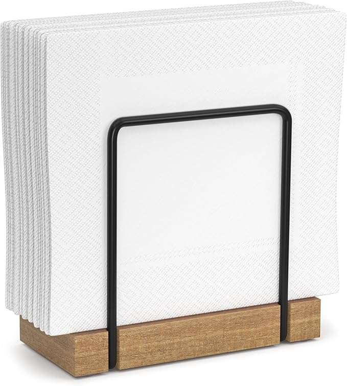 Wican Napkin Holder for Table, Acacia Iron Standing Napkin Dispenser | Kitchen Dining Table Farmhouse Cocktail Picnic Rustic Wood Holders, Mail, Suitable Dining Room Decors, Acacia and Matte Black