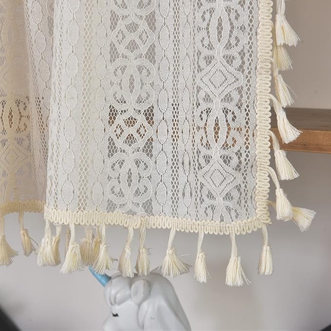 Sutuo Home Boho Sheer Curtain Valance Crochet Lace with Bohemian Hollow Knitted Handmade Tassels, Short Rustic Window Treatment for Kitchen Cafe, Rod Pocket, 1 Panel 59" W x 24" L,Beige