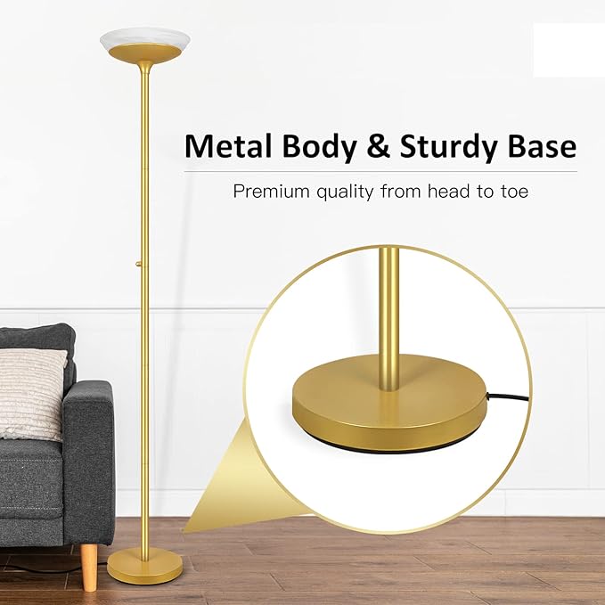 BoostArea Torchiere Floor Lamp, 24W Super Bright LED Standing Lamp, 3000K Stepless Dimmable Pole Lamp with Rotary Switch, 70 Inch Tall Metal Modern Floor Lamps for Living Room/Bedroom/Office/Den, Gold