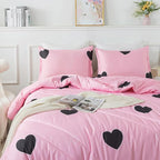 Girls Pink Comforter Set Twin Size, Blush Pink Cute Love Heart Print Sexy Comforter Bedding Set for All Seasons, Geometric Soft Microfiber Comforter Set with Pillowsham