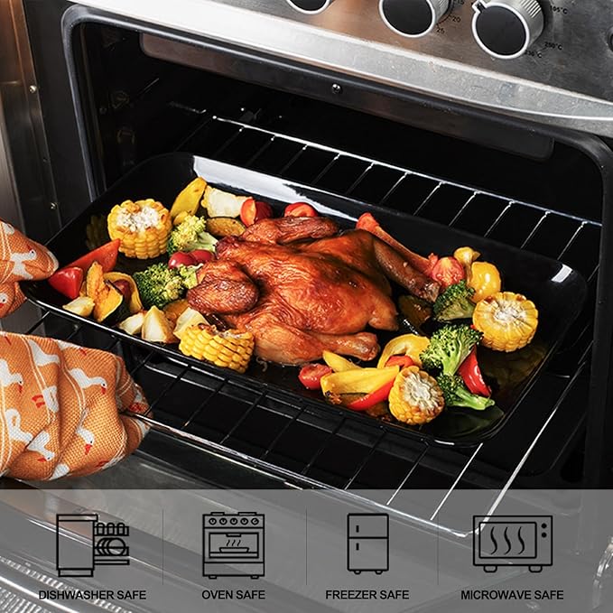 DELLING Large Serving Platter, 16/14/12inch Black Serving Tray Set- Rectangular Serving Platters for Party, Entertaining, Turkey Platter for Thanksgiving, Christmas, Microwave Dishwasher Oven Safe