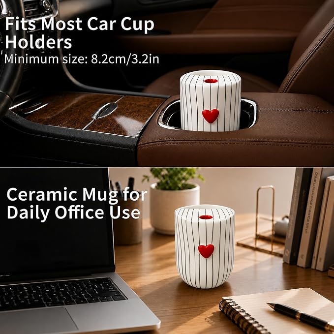 Ceramic Coffee Mug with Sip Hole, 12oz Striped Coffee Cup with Heart Accent, Cute Aesthetic Mug for Espresso Latte Cappuccino, Handmade Glazed Cup for Home Office Gift Use, Black