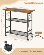 Kitchen Island with Power Outlet, Rolling Kitchen Cart with 6 Hooks and Protective Shelf, Microwave Stand on Lockable Wheels, Bakers Rack Coffee Bar for Dining, Living Room, Outdoor, Metal Frame