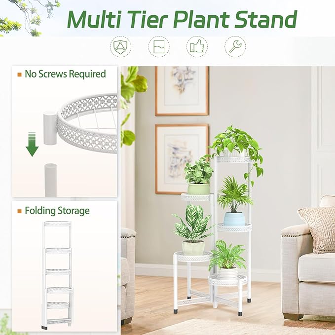 iDavosic.ly Plant Stand Indoor Outdoor, 5 Tier Corner Metal Flower Display Holder Shelf, Folding Tall Orchid Rack for Patio Balcony Porch Garden Living Room House, Wrought Iron - White