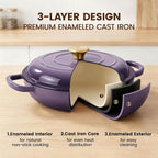 Vintage Style 3 Quart Enameled Cast Iron Braiser, Non Stick Enameled Cast Iron Skillet with Lid, Dutch Oven Skillet with lid up to 500°F for Oven, Stove, Grill, Shallow Dutch Oven for Cook, Bake (Purple)