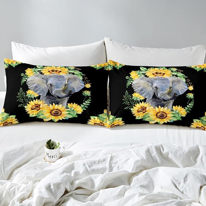 Elephant Comforter Set, Yellow Sunflower Down Comforter Twin Size for Kids Girls Teens Adult Bedroom Decor, African Safari Animal Duvet Sets Floral Petal Country Bedding Set with 1 Pillow Case