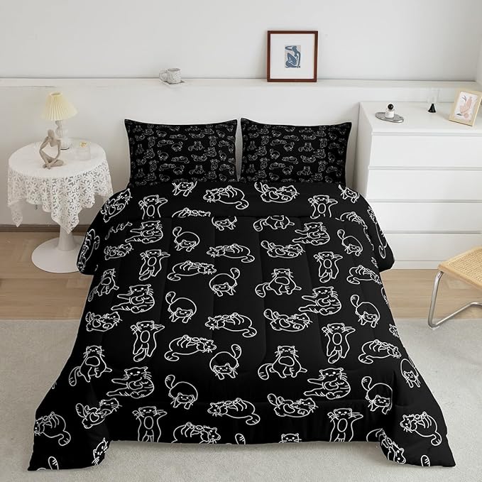 Cartoon Cat Bed Sheet Set Cute Pet Cats Kids Comforter Set Animal Pattern Printed Bedding Set Set for Boys Room Decor Kitten Print Bed Cover Full Size with 3 Pillow Case
