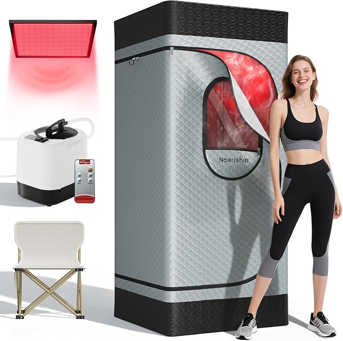 Portable Infrared Sauna Box for Home with 3L 1200W Steamer, Big Folding Chair, 99 Mins Timer, 9 Levels, Noerishia Steam Sauna Tent with 660nm + 850nm Red Light Therapy, for Home Spa Detoxification