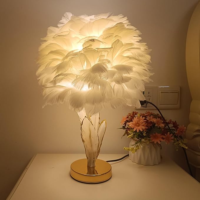 ZYLEIESENBAO Feather Desk Lamp Creative Girls Bedroom Decoration Lamp Modern White Feather Table Bedside Lamp Cute 12'' for Living Room Wedding Childrens Room