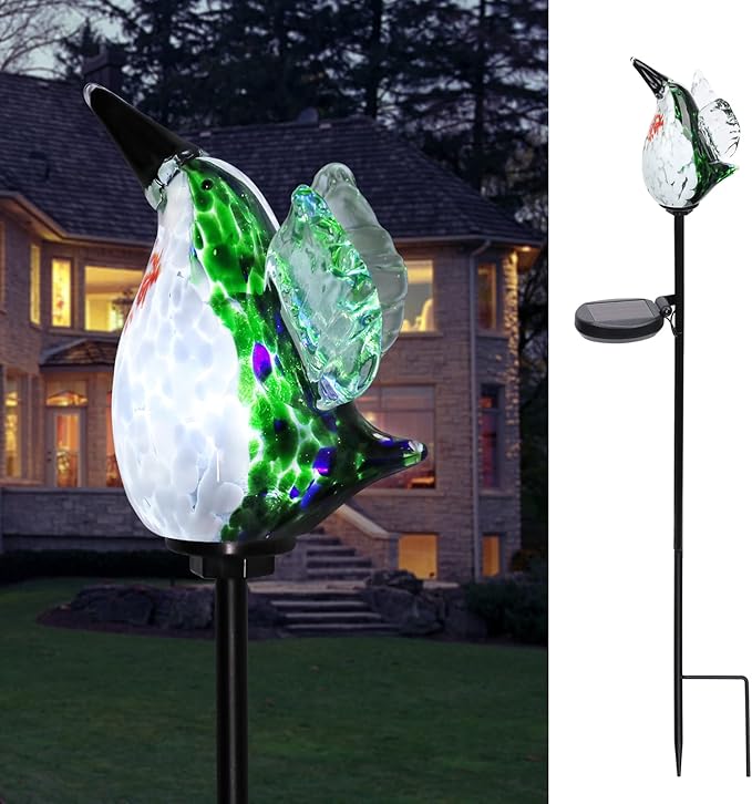 Afirst Decorative Solar Lights Outdoor Solar Hummingbird Stake Lights Hand Blown Glass Decorative Garden Pathway Light Outdoor Waterproof Glass Stakes Green