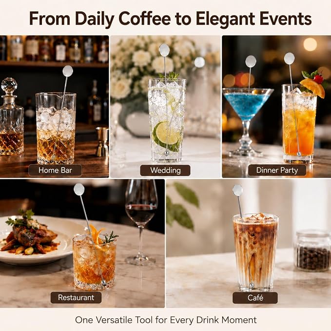 Cocktail Stirrers 8.66" - Silver Steel Swizzle Sticks, 4 Pack | 8.66" Long Steel Drink Stirrers with Dual Ends - Perfect for Tall Cocktails, Coffee & Iced Tea - Reusable Bar Essentials