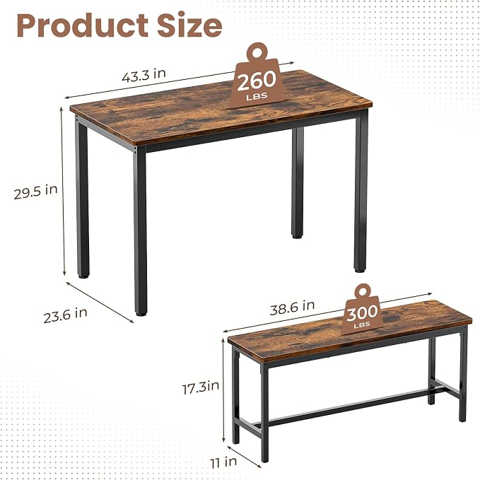 Dining Table Set for 4, Kitchen Table with 2 Benchs, Brown | Modern Functional 3 Piece Space-Saving Dining Room Table Set for Apartment, Breakfast Nook, Small Space