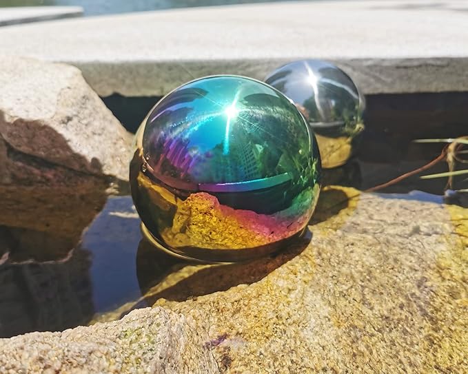 Rainbow Gazing Globe Mirror Ball in Stainless Steel, Shiny Hollow Sphere Sparkling Housewarming Outdoor Ornament (8 Inch)
