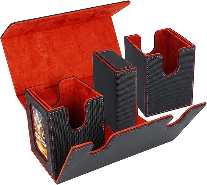 AFIING Mtg deck box with commander display- Fits 200 Double Sleeved Cards,3-in-1Card Deck Case,Strong Magnet Card Organizer For Magic Commander TCG CCG,4Dividers &2 Toploaders, Black/Red