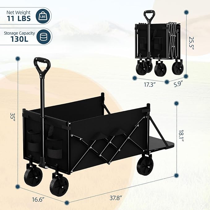 Favoyard Collapsible Wagon Carts with Extended Tailgate, Foldable 130L & 330LBS Portable Folding Wagons with All - Terrain Wheels & Drink Holders for Shopping, Garden, Camping & Beach, Black