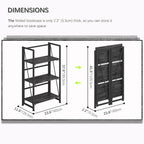 4NM No-Assembly Folding Bookshelf Storage Shelves 3 Tiers Vintage Bookcase Standing Racks Study Organizer Home Office (Gray and Black)