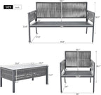 4-Piece Patio Conversation Furniture Set, Rope Weave Outdoor Loveseat Sofa with 2 Armchairs, Thick Cushion&Tempered Glass Table, for Garden Backyard, Onesize, Gray