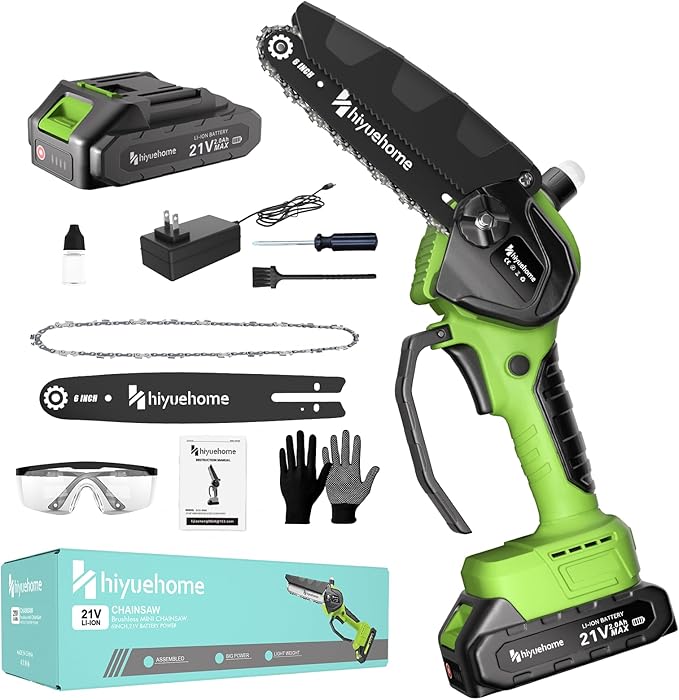 Mini Chainsaw 6inch, Chainsaw Cordless w Automatic Oiler, Handheld Electric Power Chain Saw w Security Lock, Brushless Motor,Chainsaws for Wood/Trees Trimming (Green - 1 battery, 6 INCH)