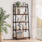 BON AUGURE Ladder Shelf Bookcase, 5-Tier Industrial Ladder Bookshelf, Tall Living Room Shelves, Wood and Metal Leaning Shelf for Home Office, Kitchen, Bedroom, Balcony (Rustic Oak)