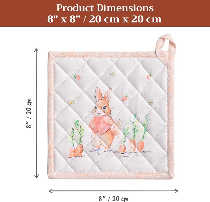 Maison d' Hermine Pot Holders 100% Cotton Potholders (8" x 8", Pack of 2) | Heat Resistant Hot Pads with Loop BBQ Cooking Baking Farmhouse Kitchen Handling Hot Pans Spring Summer - Bunny Party