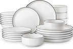 MALACASA 24 Pcs Porcelain Plates and Bowls Sets,Dinnerware Set for 6,White | Modern Ceramic Dishware Set,Kitchen Dining Ware,Microwave and Dishwasher Safe,Simple White with Black Trim Design,Series LUNA