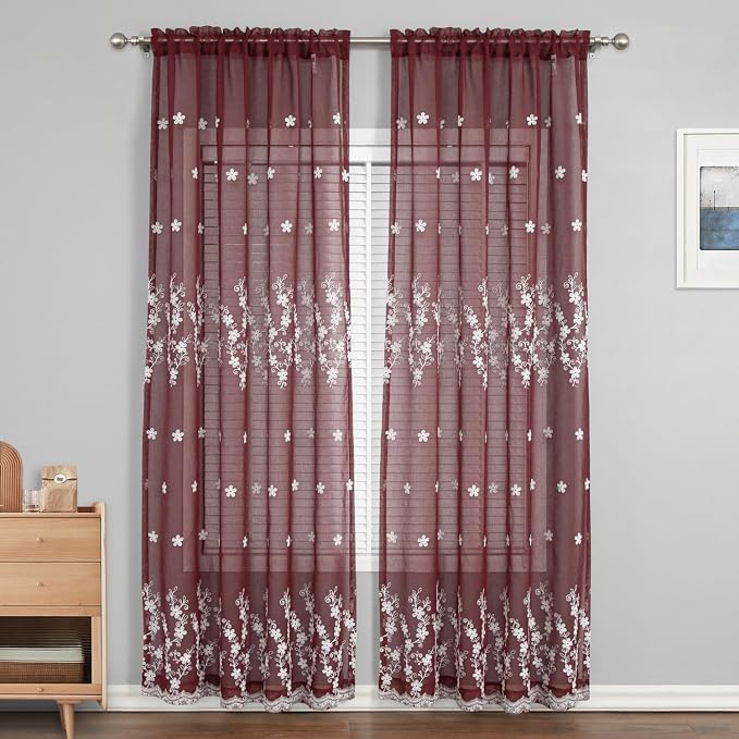 Red Sheer Curtains 84 Inches Long 2 Panels, White Floral Pattern Drapes for Living Room, Light Filtering Rod Pocket Window Treatments for Office, 54 x 84 Inches