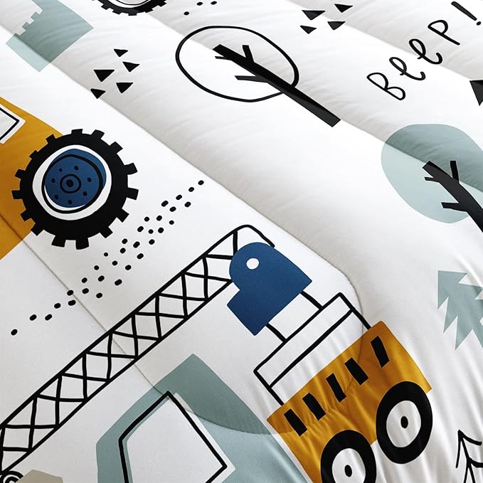 Datura home Kids Cartoon Excavator Bedding Comforter Sets for Boy and Girls,Construction Truck Bulldozer Tree Pattern Comforter Set with 2 Pillowcase and 1 Comforter(Excavator Queen)