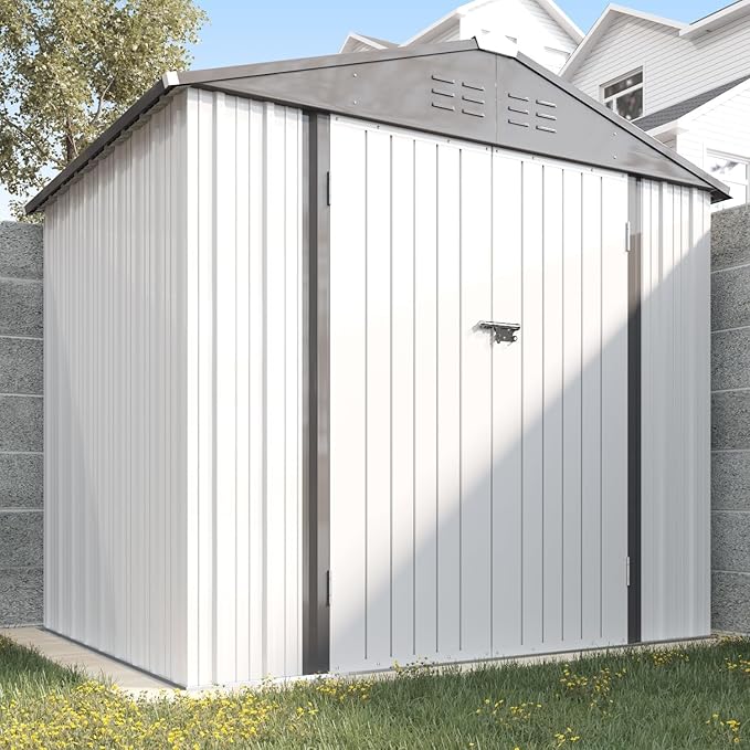 Greesum 8x6FT Outdoor Storage Shed, Utility Tool Shed Metal Storage Garden Shed with Door & Lock for Patio Storage, White