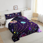 Feelyou Solar System Comforter Set Queen Size Outer Space Comforter for Kids Teens Adults Universe Planets Bedding Set Cute Astronaut Purple Duvet Set Room Decor 3Pcs with 2 Pillow Case