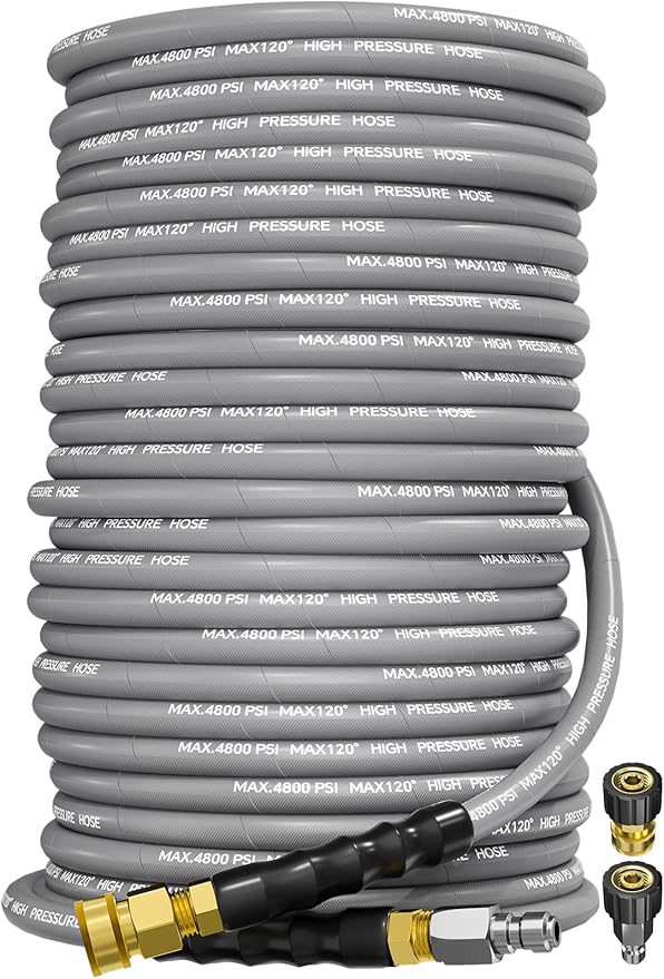 3/8" 4800PSI Pressure Washer Hose 200FT with Swivel Quick Connect for Cold/Hot Water Max 248°F, Kink Resistant Steel Wire Braided, Wear Resistant Power Washer Hose with M22 14mm Adapter