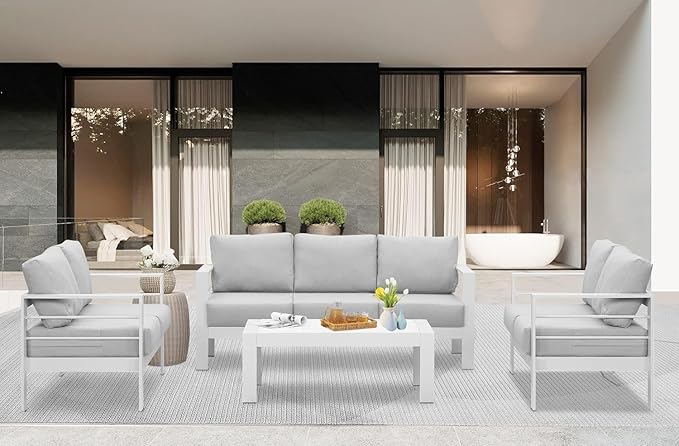 Wisteria Lane Aluminum Outdoor Patio Furniture Set, Modern Patio Conversation Sets, Outdoor Sectional Metal Sofa with 5 Inch Cushion and Coffee Table for Balcony, Garden, Light Grey