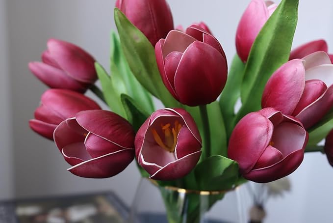 Buart Wine red Tulip Flowers Artificial Luxury Big Tulip Valentine's Day Mother's Day Easter Home Kitchen Wedding Decorations(11pcs)