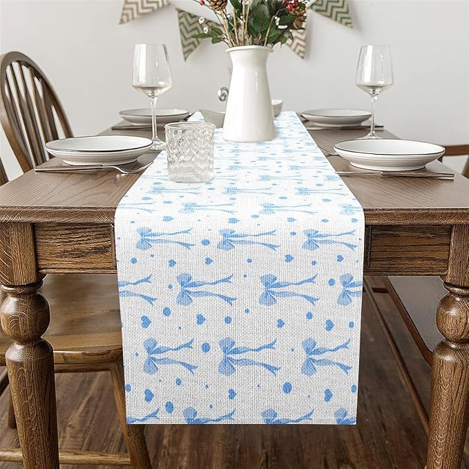 Coquette Bows Table Runner 13" x 120" Blue Watercolor Bow Kitchen Dining Table Decor for Home Party Sweetheart Home Decor for Living Room Dresser Scarfs Dresser Runners Cute Bowknot Table Decoration