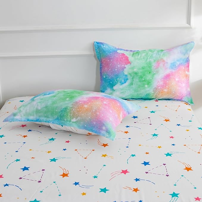 A Nice Night Galaxy Bedding Sets Outer Space Comforter 3D Printed Space Quilt Set Queen Size Glitter Pink Green Color,for Children Boy Girl Teen Kids