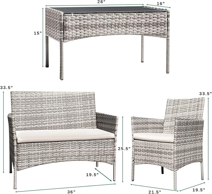 Greesum Patio Furniture 4 Pieces Conversation Sets Outdoor Wickerr Rattan Chairs Garden Backyard Balcony Porch Poolside loveseat with Soft Cushion and Glass Table, Gray and Beige
