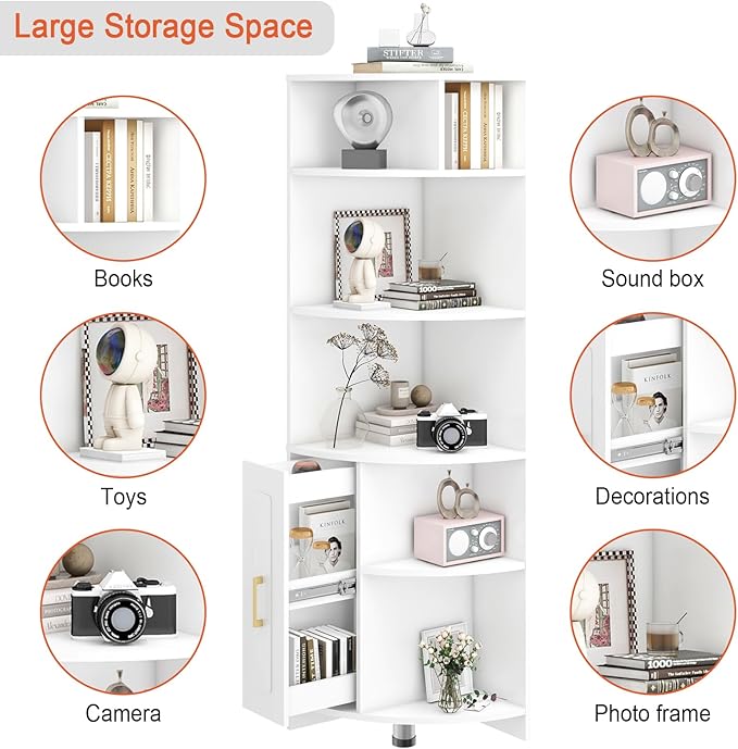 Corner Shelf 6-Tier Corner Bookcase with Drawer, Tall Corner Bookshelf Freestanding White Corner Cabinet Corner Shelves Stand for Wall Corner, Living Room, Home Office, Bedroom, Display Shelf