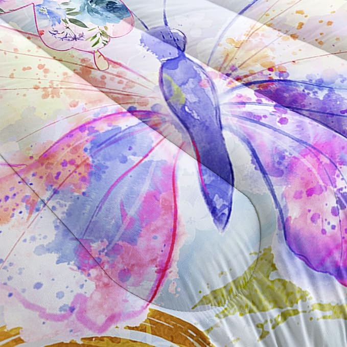 Datura home Watercolor Butterfly Comforter Bedding Set for Girls Kids Teens,Lightweight Colorful Floral Butterfly Printed Tie-dye with 2 Pillowcases(Watercolor Butterfly Queen),Butterfly Purple